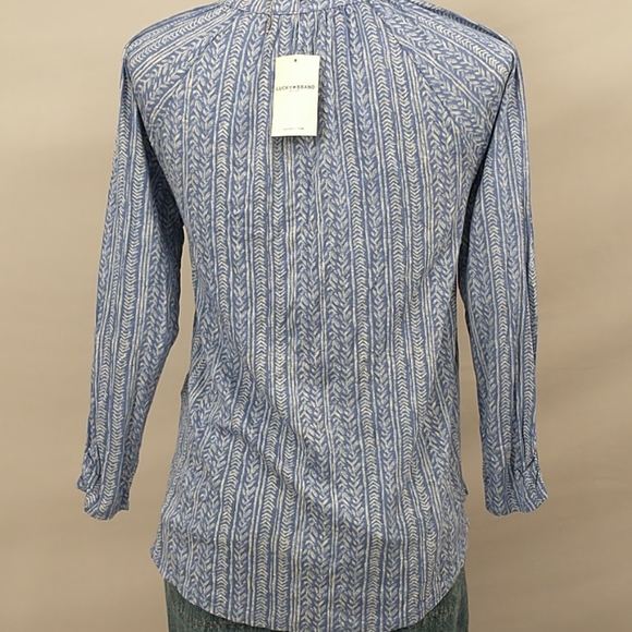Boho Top Lucky Brand Blue Tan Block Print Look NWT - Picture 4 of 10